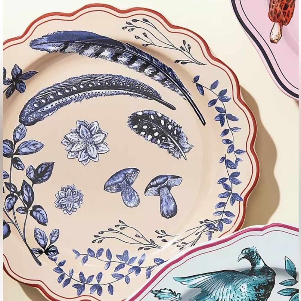 Anthropologie Elin Dessert Plate Scalloped Edge Taupe Mushroom & Feather Design - Picture 2 of 3
